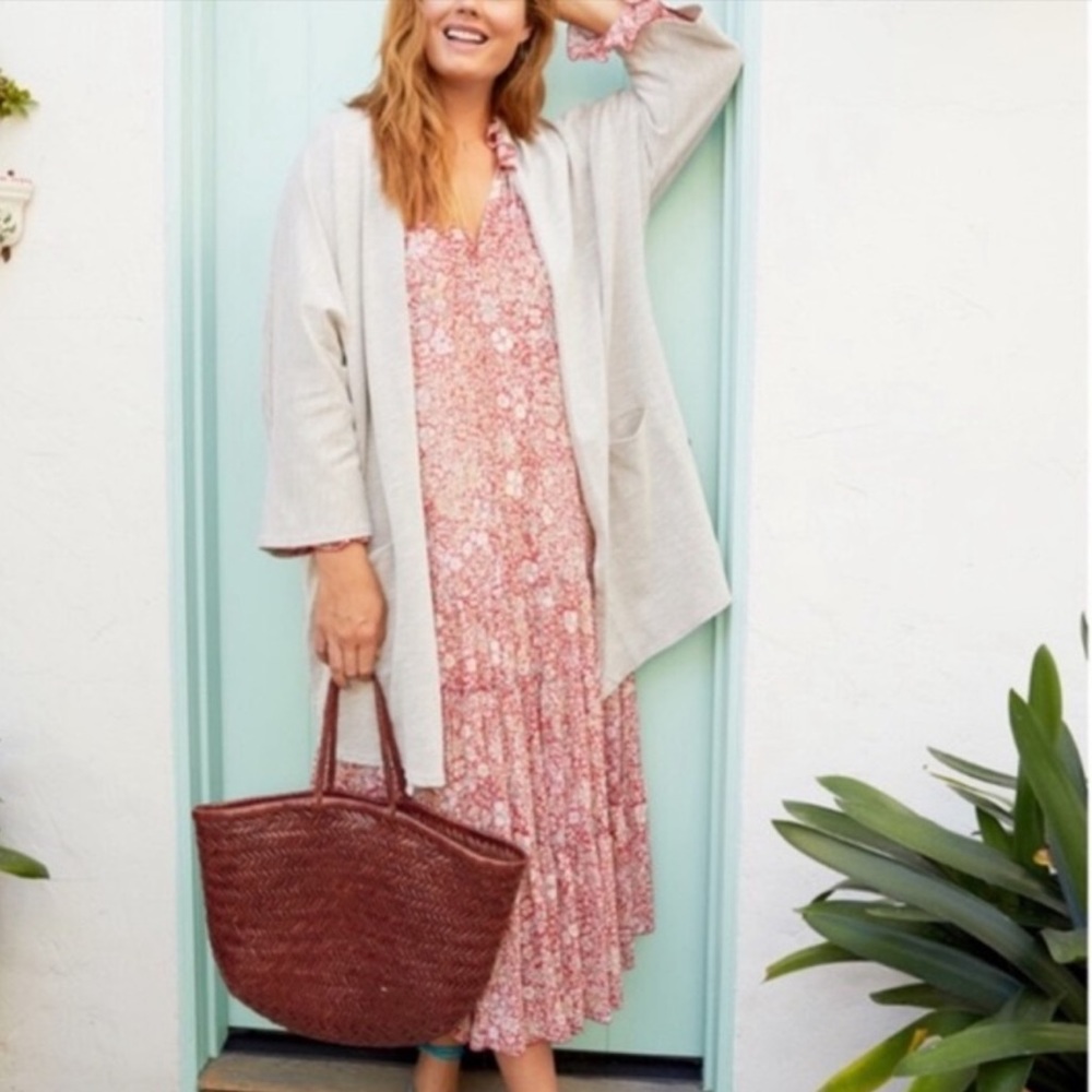 ANTHRO DONNI Grey White Ribbed Pinstripe Open Front Sandwash Cardigan NWT